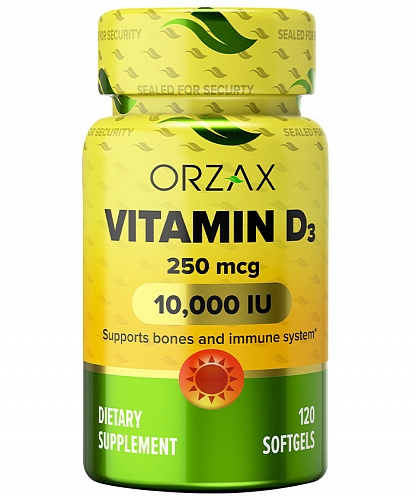 [Турция] Orzax Витамин D3 10000 ед. в мини-капсулах, 120 шт, Vitamin D3 10000 IU, 250 mcg 120 Softgels