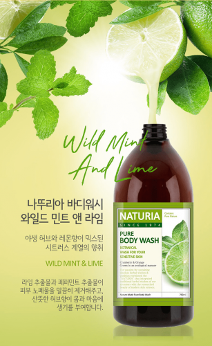 Naturia Гель для душа с мятой и лаймом 750 мл  Pure body wash wild mint & lime фото 3