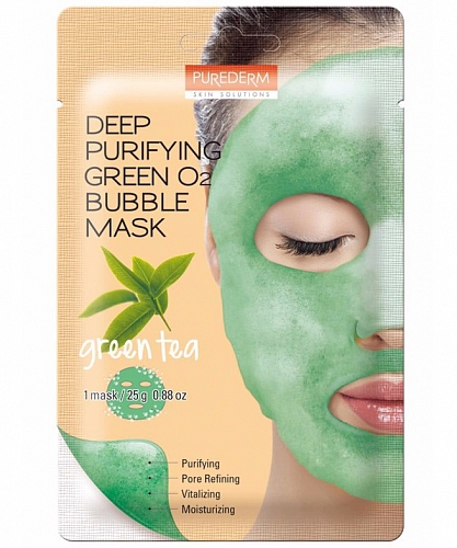 Purederm Пузырьковая тканевая маска с зелёным чаем Deep Purifying O2 Bubble Green tea