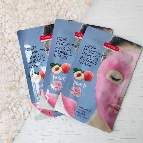 Purederm Пузырьковая тканевая маска с персиком Deep Purifying Pink O2 Bubble Peach фото 3