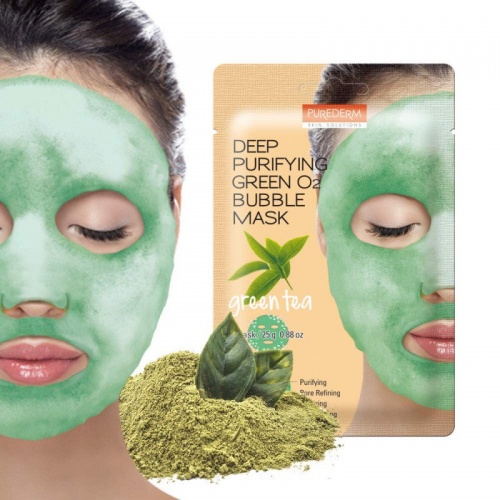 Purederm Пузырьковая тканевая маска с зелёным чаем Deep Purifying O2 Bubble Green tea фото 2