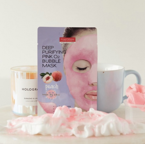 Purederm Пузырьковая тканевая маска с персиком Deep Purifying Pink O2 Bubble Peach фото 2
