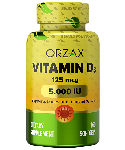 [Турция] Orzax Витамин D3 5000 ед. в мини-капсулах, 360 шт Vitamin D3 5000 IU, 125 mcg 360 Mini Softgel